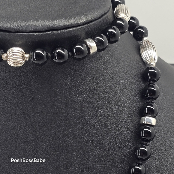 Handmade Black Glass Bead Necklace with Zebra Jasper Pendant - Picture 8 of 10